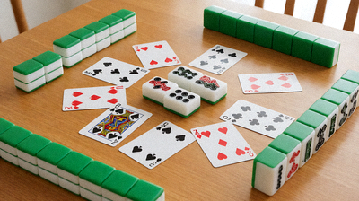 经典棋牌游戏场景，包含扑克牌和麻将元素